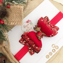 Load image into Gallery viewer, Red and Gold Star Reindeer Glitter Hair Bow Headband or Clip