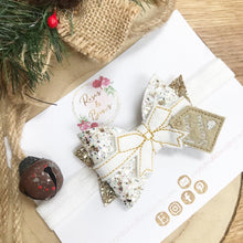 Load image into Gallery viewer, White and Gold Christmas Present Hair Bow Headband or Clip