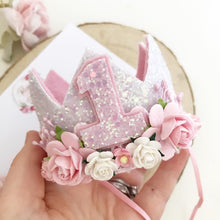 Load image into Gallery viewer, Pink and white birthday crown- cake smash prop - birthday accessory