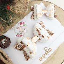 Load image into Gallery viewer, Rose Gold and White Gingerbread Glitter Hair Bow Headband or Clip