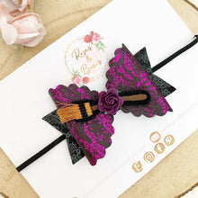 Load image into Gallery viewer, Purple Witch Broomstick Halloween Glitter Bow Headband or Clip