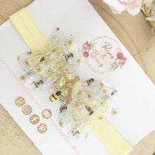 Load image into Gallery viewer, Bee Transparent and Glitter Hair Bow Headband or Clip