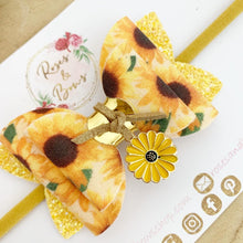 Load image into Gallery viewer, Sunflower charm Glitter Hair Bow Headband or Clip