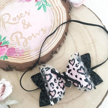 Load image into Gallery viewer, Leopard Heart Hair Bow Headband or Clip Transparent Valentine’s Bow with Charm