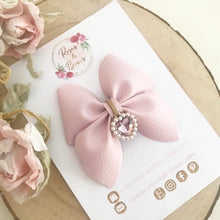 Load image into Gallery viewer, Pink Heart Charm Leatherette Sailor Bow Headband or Clip