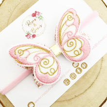 Load image into Gallery viewer, Pink and Gold Glitter Butterfly Bow Headband or Clip