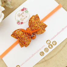 Load image into Gallery viewer, Orange Pumpkin Charm Glitter Bow Headband or Clip