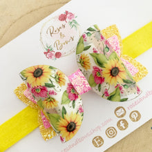 Load image into Gallery viewer, Sunflower Transparent Glitter Bow Headband or Clip