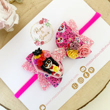 Load image into Gallery viewer, Pink Day of the Dead Glitter Bow Headband or Clip