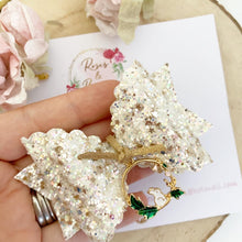 Load image into Gallery viewer, Easter Bunny Gold and White Charm Glitter Bow Headband or Clip