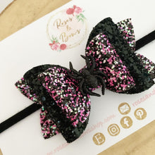 Load image into Gallery viewer, Spider Halloween Glitter Bow Headband or Clip