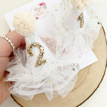 Load image into Gallery viewer, White & Gold Mini Birthday Party Hat - cake smash prop - birthday accessory