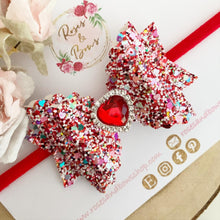 Load image into Gallery viewer, Red Glitter Rhinestone Heart Valentine’s Day Hair Bow Headband or Clip