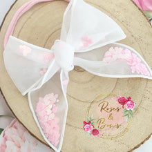 Load image into Gallery viewer, Pink Heart Sequin Shaker Organza Hair Bow Headband or Clip