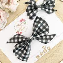 Load image into Gallery viewer, Black and White Gingham Leatherette Hair Bow Headband or Clip