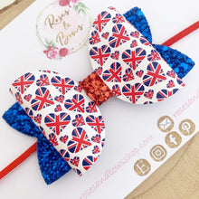 Load image into Gallery viewer, Coronation Union Jack Glitter Bow Headband or Clip