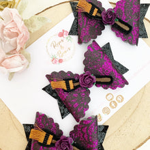 Load image into Gallery viewer, Purple Witch Broomstick Halloween Glitter Bow Headband or Clip