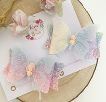 Load image into Gallery viewer, Pastel Rainbow Glitter Butterfly Bow Headband or Clip