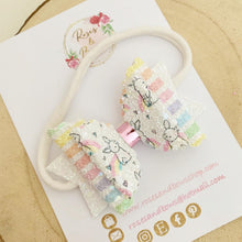 Load image into Gallery viewer, Rainbow Bunny Glitter Hair Bow Headband or Clip - Pink Sequin Bunny Rabbit Ears Hair Bow