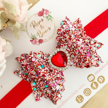 Load image into Gallery viewer, Red Glitter Rhinestone Heart Valentine’s Day Hair Bow Headband or Clip