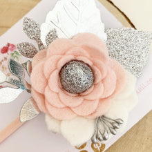 Load image into Gallery viewer, Felt flower clip or headband - blush and silver flower headband