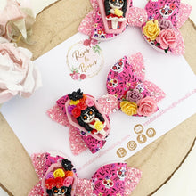 Load image into Gallery viewer, Pink Day of the Dead Glitter Bow Headband or Clip