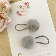 Load image into Gallery viewer, Grey Pom Pom Faux Fur Bobble Hair Ties Set of 2