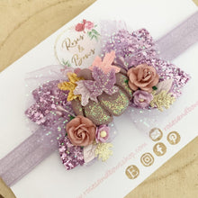 Load image into Gallery viewer, Purple Pumpkin Tulle Glitter Bow Headband or Clip