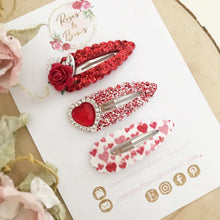Load image into Gallery viewer, Valentine’s Red and Silver heart scalloped snap clip set
