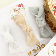 Load image into Gallery viewer, Velvet knot hair bow headband or clip set - white, grey abs nude
