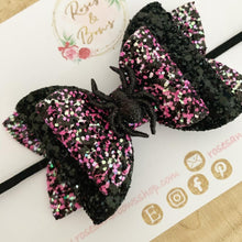 Load image into Gallery viewer, Spider Halloween Glitter Bow Headband or Clip