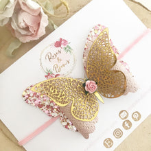 Load image into Gallery viewer, Pink and Gold Butterfly Glitter Bow Headband or Clip