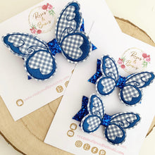 Load image into Gallery viewer, Royal blue School Gingham butterfly Hair Bow Headband or Clip