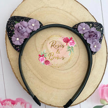 Load image into Gallery viewer, Black and purple glitter cat ears headband