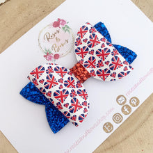 Load image into Gallery viewer, Coronation Union Jack Glitter Bow Headband or Clip
