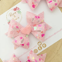 Load image into Gallery viewer, Pink Heart Glitter Valentine’s Day Hair Bow Headband or Clip