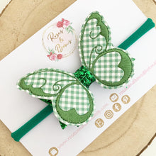 Load image into Gallery viewer, Green School Gingham butterfly Hair Bow Headband or Clip