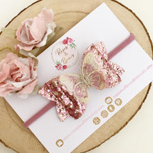 Load image into Gallery viewer, Pink and Gold Butterfly Hair Bow Headband or Clip