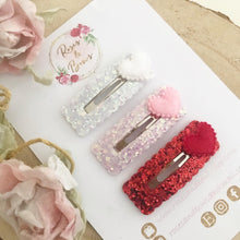 Load image into Gallery viewer, Valentine’s glitter and velvet heart scalloped snap clip set