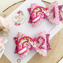 Load image into Gallery viewer, Pink and Gold Rainbow Birthday Hair Bow - Birthday Headband - Birthday Hair Clip