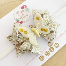 Load image into Gallery viewer, Butterfly White and Gold Hair Bow Headband or Clip