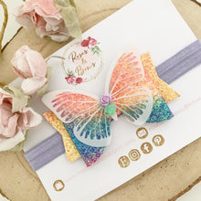 Load image into Gallery viewer, Bright Rainbow Glitter Butterfly Bow Headband or Clip
