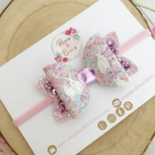 Load image into Gallery viewer, Floral Bunny Glitter Hair Bow Headband or Clip - Pink Sequin Bunny Rabbit Ears Hair Bow