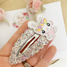 Load image into Gallery viewer, Easter Bunny Glitter and Felt large snap clip Grey and Pink
