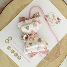 Load image into Gallery viewer, Pink Pearl Glitter Heart Charm Valentine’s Day Hair Bow Headband or Clip