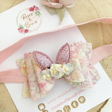 Load image into Gallery viewer, Rainbow Bunny Ears Glitter Hair Bow Headband or Clip - Pink Sequin Bunny Rabbit Ears Hair Bow