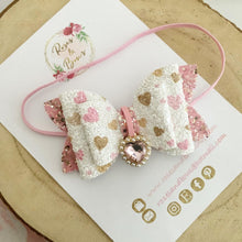 Load image into Gallery viewer, Pink Pearl Glitter Heart Charm Valentine’s Day Hair Bow Headband or Clip