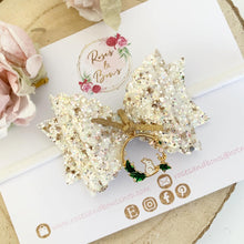Load image into Gallery viewer, Easter Bunny Gold and White Charm Glitter Bow Headband or Clip