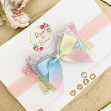 Load image into Gallery viewer, Rainbow Glitter snd Satin Hair Bow Headband or Clip
