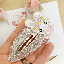 Load image into Gallery viewer, Easter Bunny Glitter and Felt large snap clip Grey and Pink